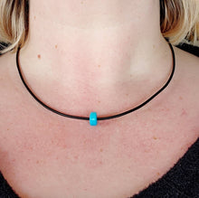 Load image into Gallery viewer, Necklace Tahitian Black Pearl & Sleeping Beauty Turquoise Large Handmade 10mm Donut Bead Natural Leather Robin's Egg Blue Boho Beachy Unique