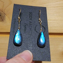 Load image into Gallery viewer, Solid 14k Yellow Gold Glowing Blue Green Tear Rain Drop Rainbow Top Grade Labradorite Cabochon Bead Wire Artisanal Hook Earrings Boho Fairy