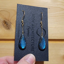 Load image into Gallery viewer, Solid 14k Yellow Gold Glowing Blue Green Tear Rain Drop Rainbow Top Grade Labradorite Cabochon Bead Wire Artisanal Hook Earrings Boho Fairy