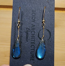 Load image into Gallery viewer, Solid 14k Yellow Gold Glowing Blue Green Tear Rain Drop Rainbow Top Grade Labradorite Cabochon Bead Wire Artisanal Hook Earrings Boho Fairy