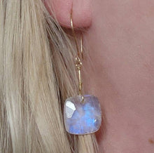 Load image into Gallery viewer, Solid 14k Yellow Gold Glowing Blue Fire Rainbow Square Faceted Moonstone Cabochon Bead Wire Artisanal Hook Drop Earrings Fairy Dainty Boho