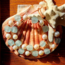 Load image into Gallery viewer, Lovely Seafoam Green Seaglass Sea Glass White Freshwater Pearl Choker Necklace Natural Leather Beautiful Clasp Boho Beach Statement Summer