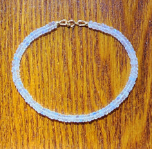 Load image into Gallery viewer, Solid 14k Yellow Gold & Glowing Blue Rainbow Fire 4-4.5mm AAA Moonstone Micro Faceted Rondelle Spring Clasp Bangle Bracelet Layering Boho