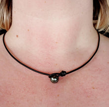Load image into Gallery viewer, Necklace Tahitian Black Pearl & Sleeping Beauty Turquoise Large Handmade 10mm Donut Bead Natural Leather Robin's Egg Blue Boho Beachy Unique