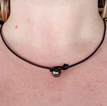 Load image into Gallery viewer, Necklace Tahitian Black Pearl & Sleeping Beauty Turquoise Large Handmade 10mm Donut Bead Natural Leather Robin's Egg Blue Boho Beachy Unique