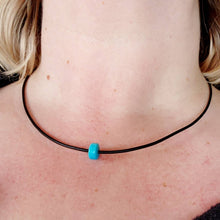 Load image into Gallery viewer, Necklace Tahitian Black Pearl & Sleeping Beauty Turquoise Large Handmade 10mm Donut Bead Natural Leather Robin's Egg Blue Boho Beachy Unique