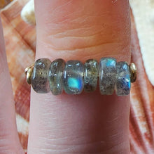 Load image into Gallery viewer, 10k Solid Yellow Gold Labradorite Smooth Heishi Bead Wire Work Line Ring 6 Stacking Spinner Natural Blue Rainbow Flash Boho Beach Ethereal