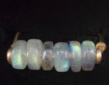 Load image into Gallery viewer, 10k Solid Yellow Gold Labradorite Smooth Heishi Bead Wire Work Line Ring 6 Stacking Spinner Natural Blue Rainbow Flash Boho Beach Ethereal