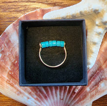 Load image into Gallery viewer, 10k Solid Yellow Gold Sleeping Beauty Turquoise Heishi Bead Wire Work Line Ring sz 7 Stacking Spinner Robin's Egg Blue Boho Beach Unique