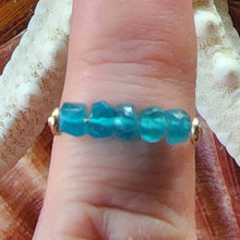 Load image into Gallery viewer, 10k Solid Yellow Gold Neon Blue Apetite Faceted Rondell Bead Wire Work Line Ring sz 6.5 Stacking Spinner Fidget Boho Beach