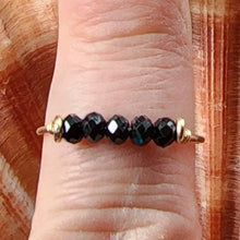 Load image into Gallery viewer, 10k Solid Yellow Gold Black Natural Spinel Faceted Rondell Bead Wire Work Line Ring sz 10 Stacking Spinner Fidget Boho Beach Unique Handmade