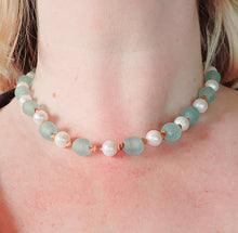 Load image into Gallery viewer, Lovely Seafoam Green Seaglass Sea Glass White Freshwater Pearl Choker Necklace Natural Leather Beautiful Clasp Boho Beach Statement Summer