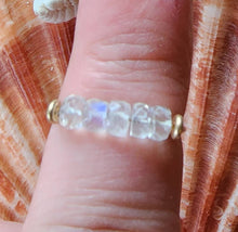 Load image into Gallery viewer, 10k Solid Yellow Gold AAA Moonstone Faceted Rondell Bead Wire Work Line Ring sz 6 Stacking Spinner Natural Blue Rainbow Flash Boho Beach