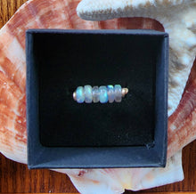 Load image into Gallery viewer, 10k Solid Yellow Gold Labradorite Smooth Heishi Bead Wire Work Line Ring 6 Stacking Spinner Natural Blue Rainbow Flash Boho Beach Ethereal