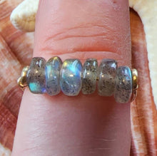 Load image into Gallery viewer, 10k Solid Yellow Gold Labradorite Smooth Heishi Bead Wire Work Line Ring 6 Stacking Spinner Natural Blue Rainbow Flash Boho Beach Ethereal