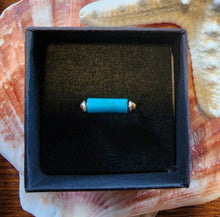 Load image into Gallery viewer, 10k Solid Yellow Gold Kingman Turquoise Tube Bead Wire Work Line Ring sz 8 Stacking Layering Spinner Robin's Egg Blue Teal Boho Beach Unique