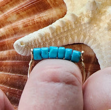 Load image into Gallery viewer, 10k Solid Yellow Gold Sleeping Beauty Turquoise Heishi Bead Wire Work Line Ring sz 7 Stacking Spinner Robin's Egg Blue Boho Beach Unique