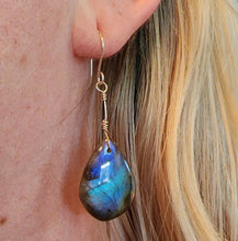 Load image into Gallery viewer, Earrings Unique teardrop blue purple flash rainbow fire smooth labradorite cabochon artisanal sterling silver hook drop dangle boho beachy