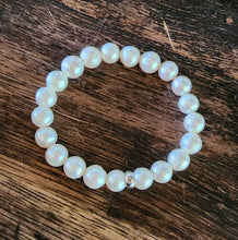 Load image into Gallery viewer, Gorgeous Large Natural White 10mm Freshwater Pearl & Sterling Silver 6mm Bead Rondelle Stretch Bangle Top Grade Boho Layering 7"