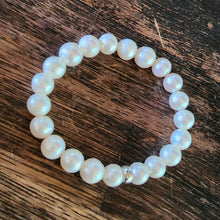 Load image into Gallery viewer, Gorgeous Large Natural White 10mm Freshwater Pearl & Sterling Silver 6mm Bead Rondelle Stretch Bangle Top Grade Boho Layering 7"