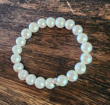 Load image into Gallery viewer, Gorgeous Large Natural White 10mm Freshwater Pearl & Sterling Silver 6mm Bead Rondelle Stretch Bangle Top Grade Boho Layering 7"